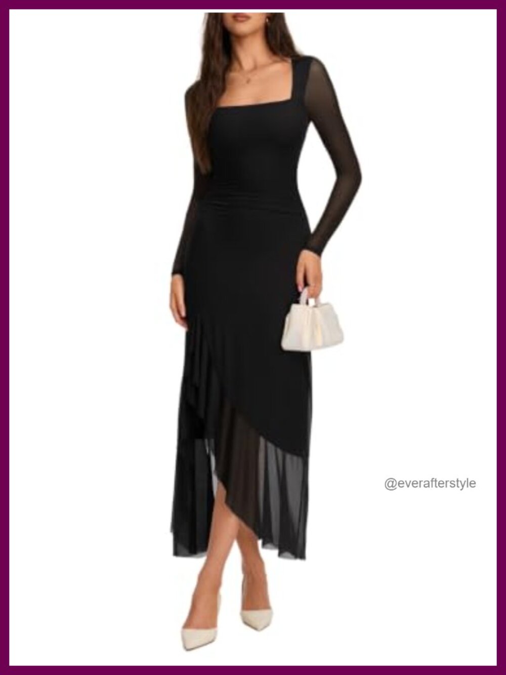 REORIA Women's Square Neck Ruffle High Slit Bodycon Maxi Formal Dress
